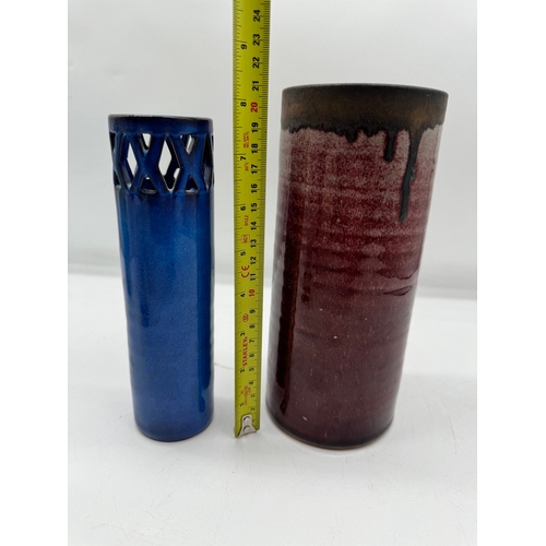 92 - The Friars Studio pottery cylindrical vase + 1 other signed AK