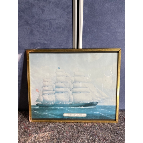 342 - A print of a boat and a collection of framed cards.