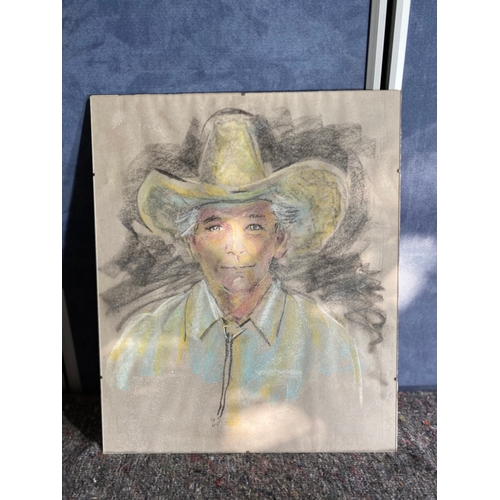 378 - Interesting Pastel sketch/portrait of a Cowboy.