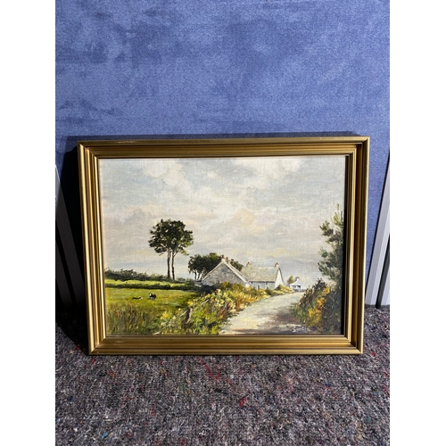 387 - Original painting of Cottages near Newborough Anglesey signed by I.L Curtis