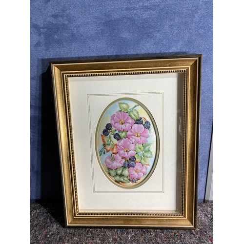 390 - Framed Floral design painted on porcelain by J.Merry 1995