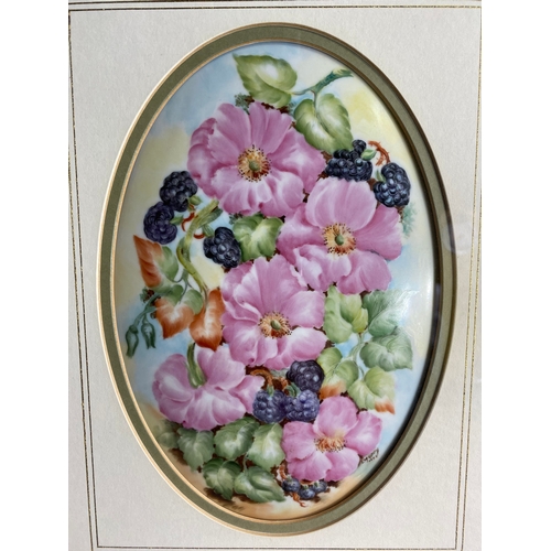 390 - Framed Floral design painted on porcelain by J.Merry 1995