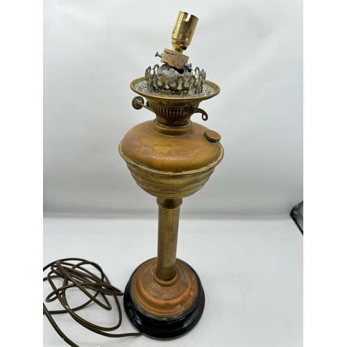 146 - Antique converted brass table lamp + Crown Devon Butter Dish c 1900's