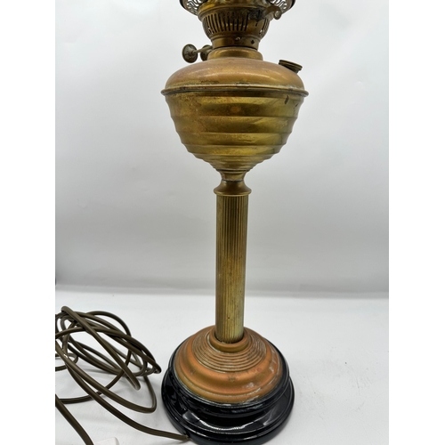 146 - Antique converted brass table lamp + Crown Devon Butter Dish c 1900's