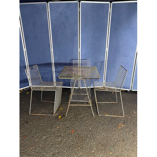 511 - Vintage Brafab Sinarp style metal garden set including table and three chairs.