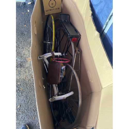 127 - A box of Miscellaneous bicycle parts including Peugeot bicycle frame.