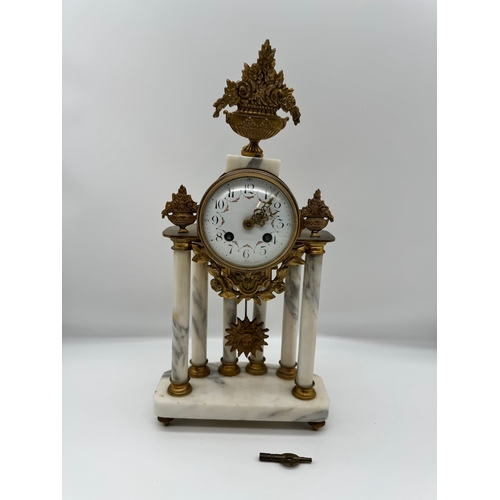 73 - Louis XVI Style French F Martin Six Column Carrara Marble & Gilt Mantle Clock with white enamel face