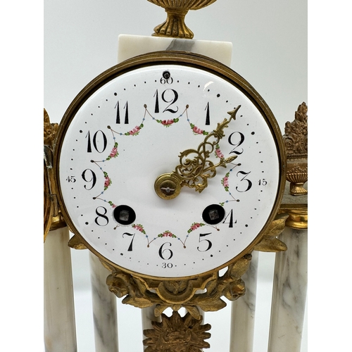 73 - Louis XVI Style French F Martin Six Column Carrara Marble & Gilt Mantle Clock with white enamel face