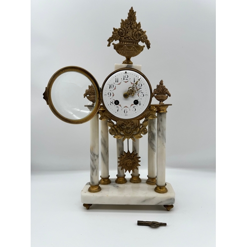 73 - Louis XVI Style French F Martin Six Column Carrara Marble & Gilt Mantle Clock with white enamel face