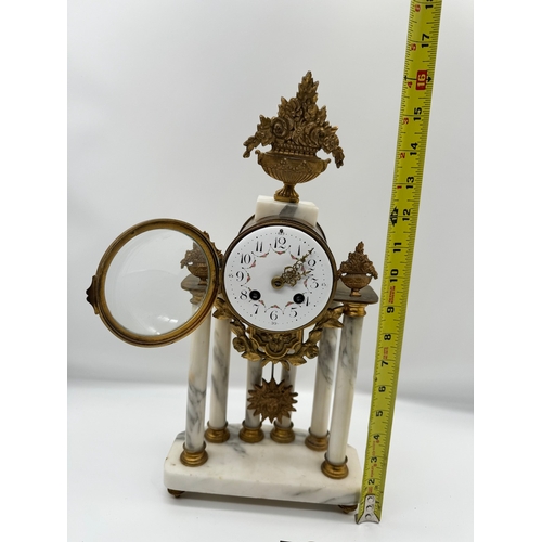 73 - Louis XVI Style French F Martin Six Column Carrara Marble & Gilt Mantle Clock with white enamel face