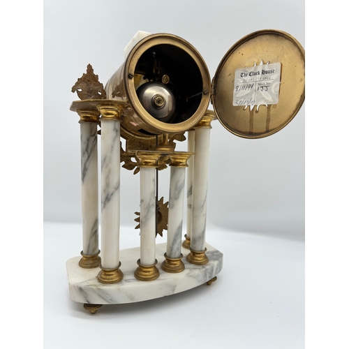 73 - Louis XVI Style French F Martin Six Column Carrara Marble & Gilt Mantle Clock with white enamel face