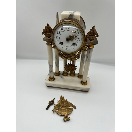 73 - Louis XVI Style French F Martin Six Column Carrara Marble & Gilt Mantle Clock with white enamel face