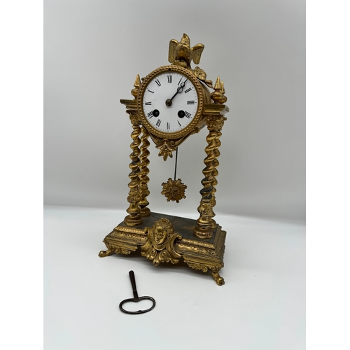 74 - 19th Century French Portico Clock by Chesnier á Paris No 769 Gilded Bronze 4 Column with white ename... 