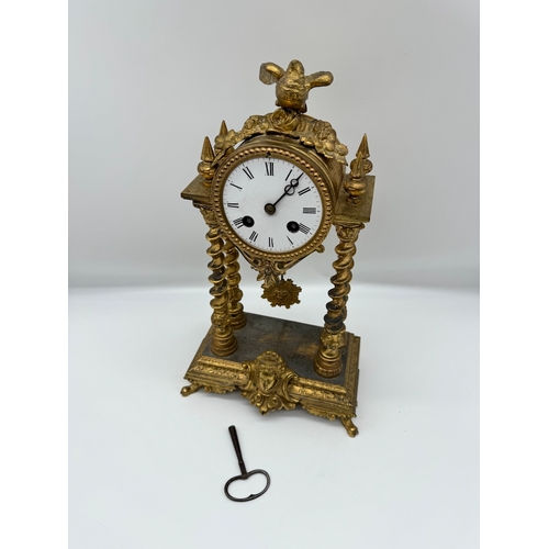 74 - 19th Century French Portico Clock by Chesnier á Paris No 769 Gilded Bronze 4 Column with white ename... 