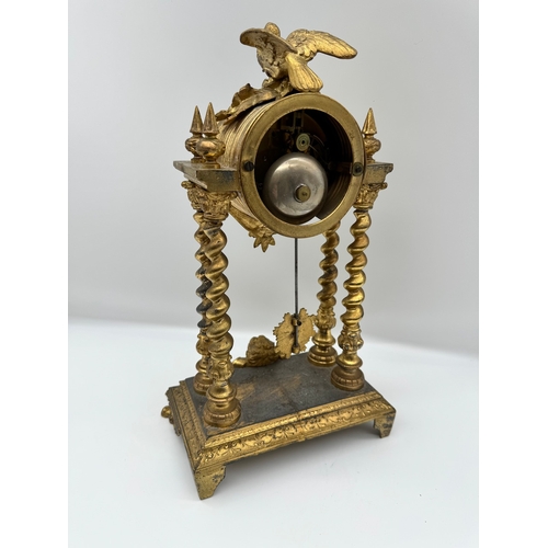 74 - 19th Century French Portico Clock by Chesnier á Paris No 769 Gilded Bronze 4 Column with white ename... 