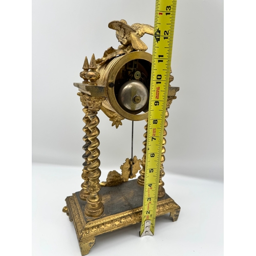 74 - 19th Century French Portico Clock by Chesnier á Paris No 769 Gilded Bronze 4 Column with white ename... 