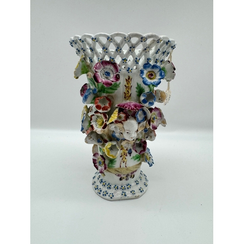 14 - Early Derby Porcelain Flower Encrusted Mask Lidded Trumpet Frill Vase C.1760 - 23cm