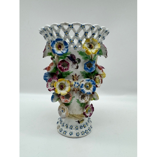 14 - Early Derby Porcelain Flower Encrusted Mask Lidded Trumpet Frill Vase C.1760 - 23cm