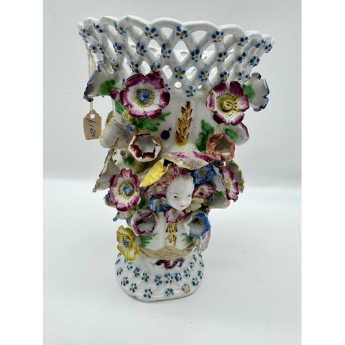 14 - Early Derby Porcelain Flower Encrusted Mask Lidded Trumpet Frill Vase C.1760 - 23cm