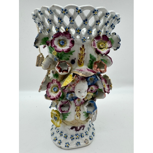 14 - Early Derby Porcelain Flower Encrusted Mask Lidded Trumpet Frill Vase C.1760 - 23cm