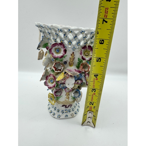 14 - Early Derby Porcelain Flower Encrusted Mask Lidded Trumpet Frill Vase C.1760 - 23cm