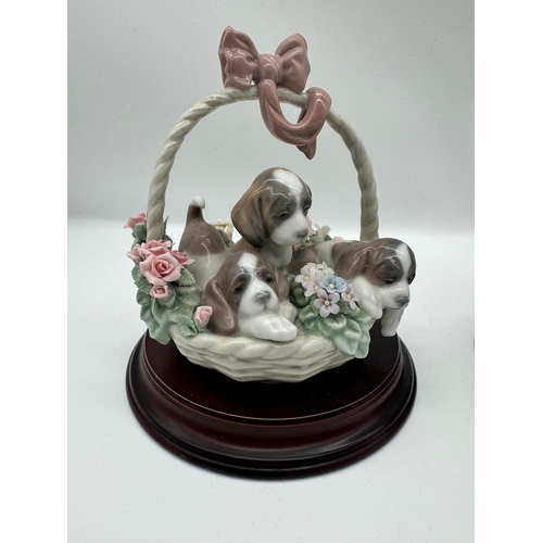 16 - Two Porcelain Baskets of Puppies & Kittens on wooden plinth