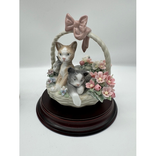 16 - Two Porcelain Baskets of Puppies & Kittens on wooden plinth
