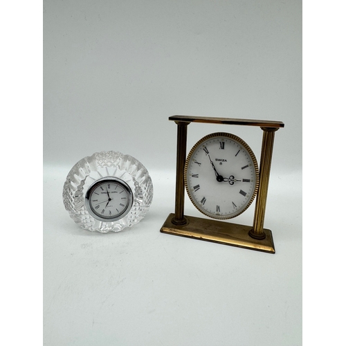 81 - Two vintage miniature table clocks - Brass Swiza 8 Day oval white face + Tipperary Crystal Quartz cl... 