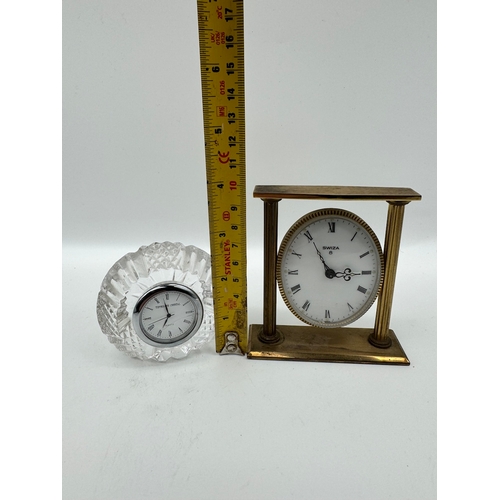 81 - Two vintage miniature table clocks - Brass Swiza 8 Day oval white face + Tipperary Crystal Quartz cl... 