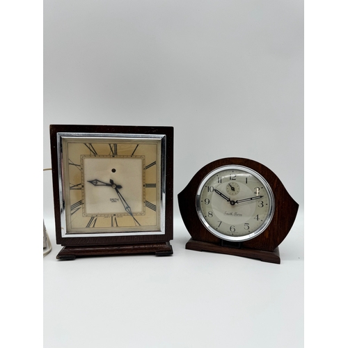 82 - Two 1930/40's Oak cased Smith Mantle Clocks - Smith Alarm + Smith Electric