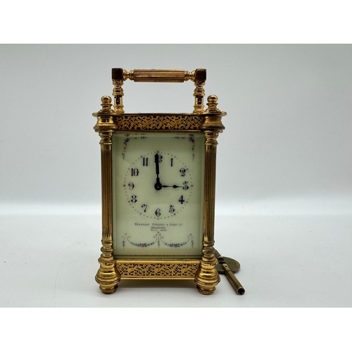 84 - Victorian Manoah Rhodes & Sons Miniature Brass Carriage Clock with white enamel and hand-painted dec... 