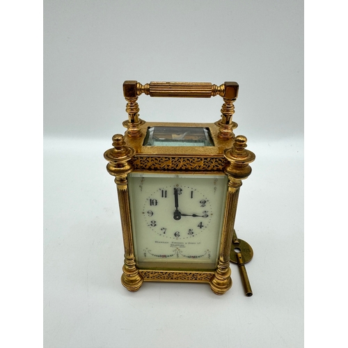 84 - Victorian Manoah Rhodes & Sons Miniature Brass Carriage Clock with white enamel and hand-painted dec... 