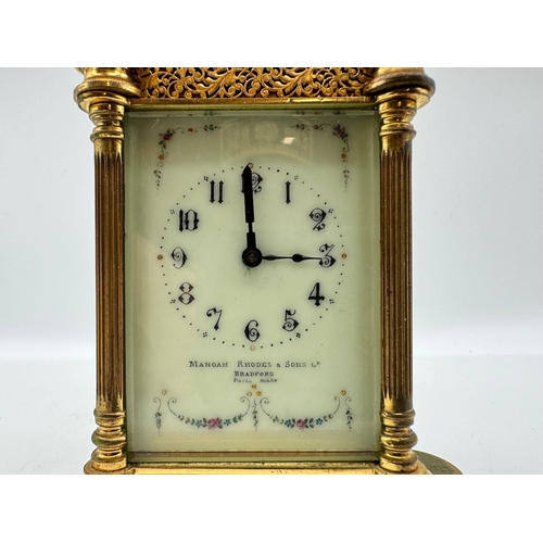 84 - Victorian Manoah Rhodes & Sons Miniature Brass Carriage Clock with white enamel and hand-painted dec... 