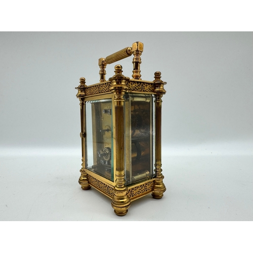 84 - Victorian Manoah Rhodes & Sons Miniature Brass Carriage Clock with white enamel and hand-painted dec... 