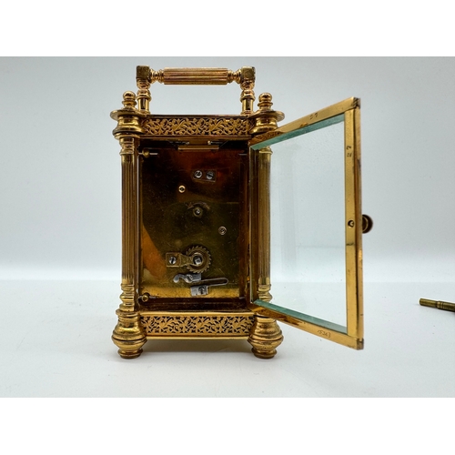 84 - Victorian Manoah Rhodes & Sons Miniature Brass Carriage Clock with white enamel and hand-painted dec... 