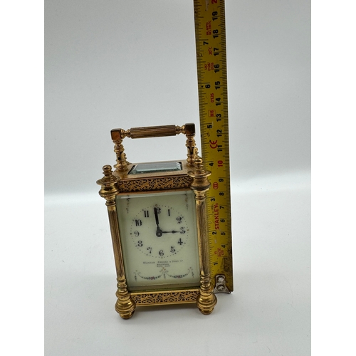 84 - Victorian Manoah Rhodes & Sons Miniature Brass Carriage Clock with white enamel and hand-painted dec... 