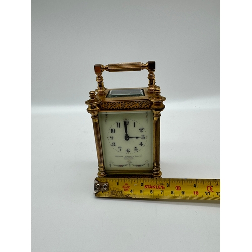 84 - Victorian Manoah Rhodes & Sons Miniature Brass Carriage Clock with white enamel and hand-painted dec... 