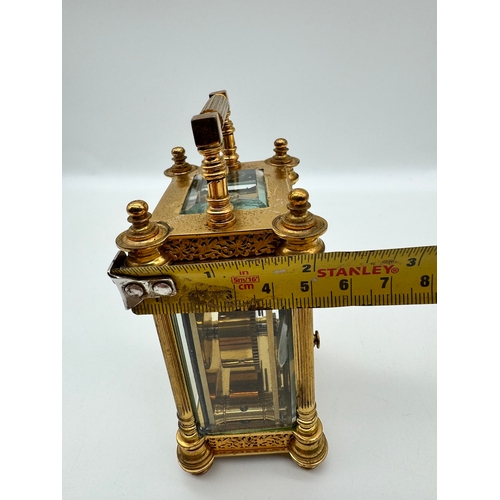 84 - Victorian Manoah Rhodes & Sons Miniature Brass Carriage Clock with white enamel and hand-painted dec... 