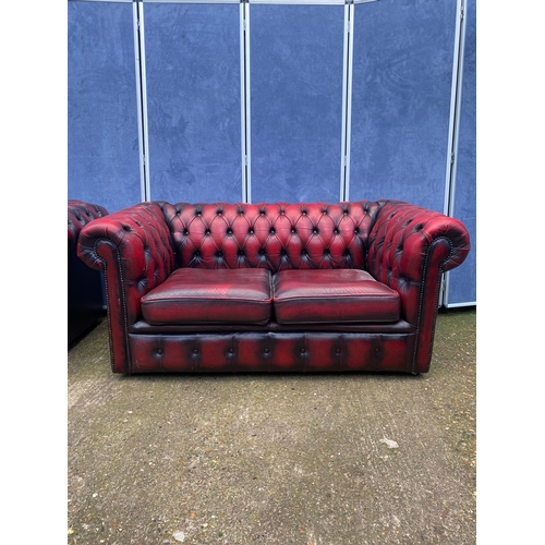 202 - Two crimson leather chesterfield sofas.