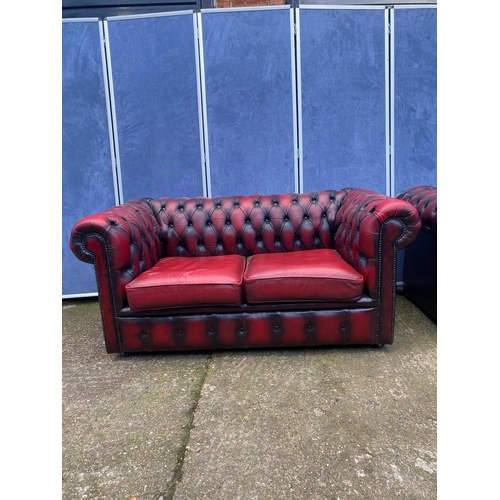 202 - Two crimson leather chesterfield sofas.