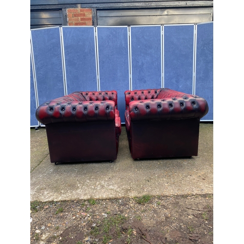 202 - Two crimson leather chesterfield sofas.