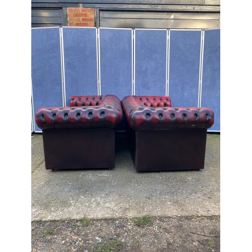 202 - Two crimson leather chesterfield sofas.