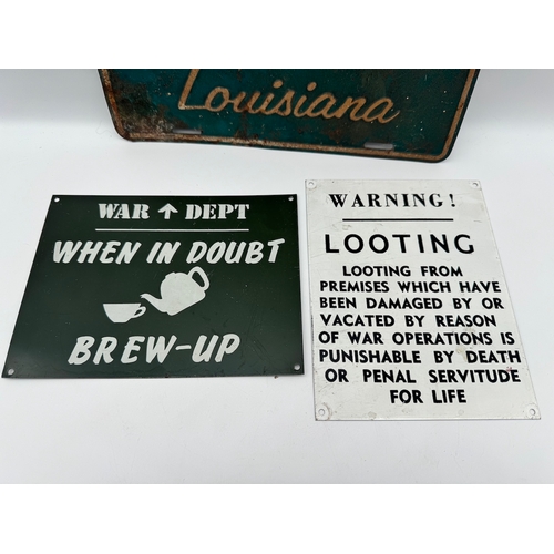 102 - Vintage American New Orleans Louisiana Booster License Plate + two other metal signs