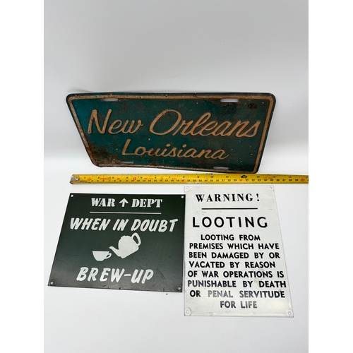 102 - Vintage American New Orleans Louisiana Booster License Plate + two other metal signs