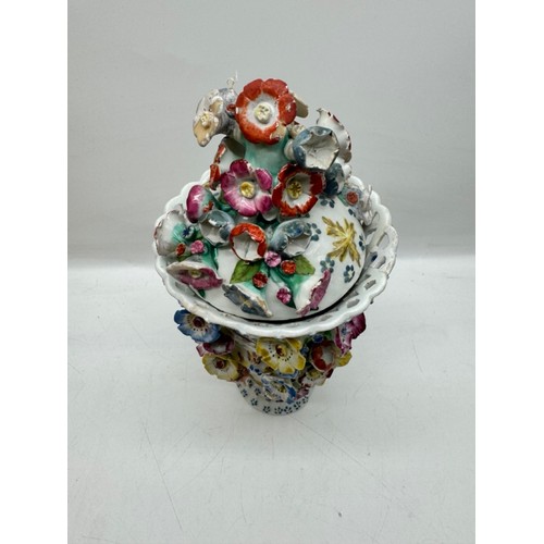 14 - Early Derby Porcelain Flower Encrusted Mask Lidded Trumpet Frill Vase C.1760 - 23cm