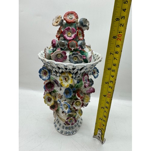 14 - Early Derby Porcelain Flower Encrusted Mask Lidded Trumpet Frill Vase C.1760 - 23cm