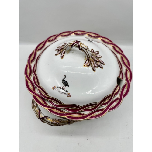 71 - 19th century porcelain tureen hand painted with Vincit Veritas emblem A/F