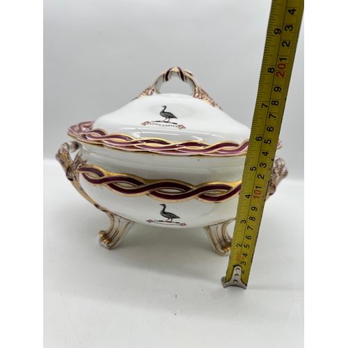 71 - 19th century porcelain tureen hand painted with Vincit Veritas emblem A/F