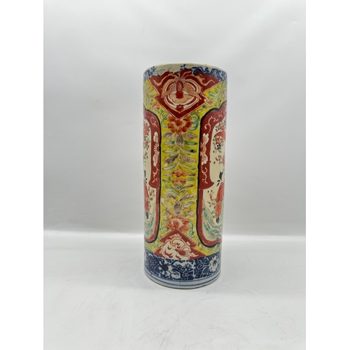 73 - Antique Hand Painted Oriental Ceramic Stick Vase A/F - 29cm x 12cm