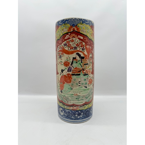 73 - Antique Hand Painted Oriental Ceramic Stick Vase A/F - 29cm x 12cm